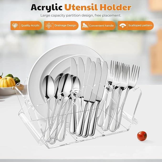 Scalloped Silverware Organizer. Acrylic Utensil Caddy.Heavy-Duty Countertop