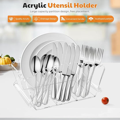 Scalloped Silverware Organizer. Acrylic Utensil Caddy.Heavy-Duty Countertop