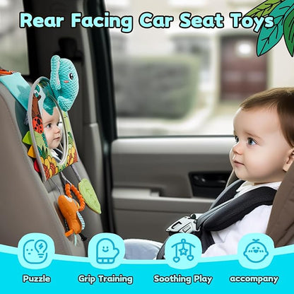 Baby Car Seat Toys - Mirror, Teether & Crinkle Paper - Rear Facing & Tummy Time - Fun Travel Toy