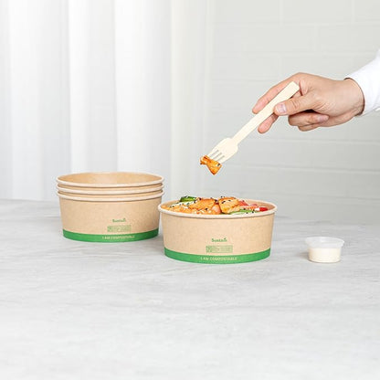Restaurantware Compostable Paper Food Containers 200 Pack Of 37 oz BPI-Certified Round Kraft Salad Bowls Disposable Grease-Resistant Meal Prep Take Out Containers For Ice Creams, Soups, Snacks