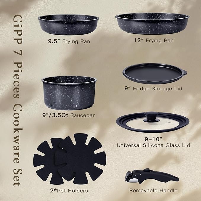 GiPP Ceramic Pots and Pans Set Non Stick, Nonstick Detachable Handle Cookware Sets, Healthy Non Toxic PFAS PFOA & PTFE Free, Dishwasher ＆Oven Safe, Induction Kitchen Pot and Pan, 8 Piece Grey