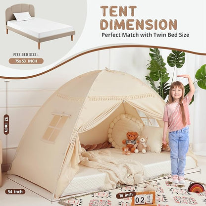 Full Size Bed Tent Canopy: Lights & Flags Indoor Floor Bed Kids Tent Playhouse - Portable & Foldable Twin Bunk Bed Curtains - Large Size Girls & Boys House Bedroom Privacy Space Sleeping Tents Gifts