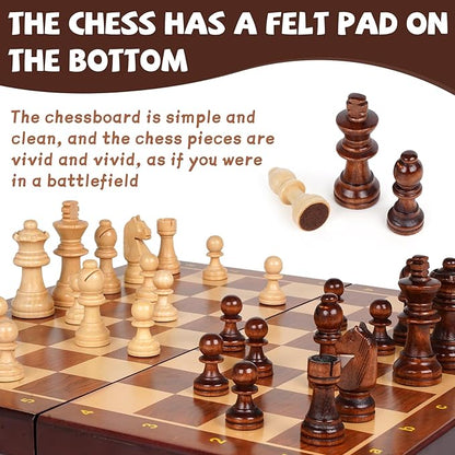 Wooden Magnetic Chess Set –15-Inch Foldable Wooden Chess Board with Magnetic Pieces, Portable Travel Chess Set for Adults and Kids, Classic Board Game with 2 Extra Queen