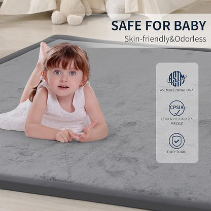 ACOMOPACK Baby Play Mat for Floor 1.3" Thick Memory Foam Play Mat 71"×79" Tummy Time Crawling with Non-Slip Bottom for Living Room,Nursery,Soft Velvet Playpen Mats for Kids,Infants（Dark Grey）