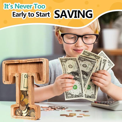 SummiDate Wooden Letter Piggy Bank Piggy Bank for Boys and girls Alphabet Money Bank Thanks Giving Gifts(Initial-T)