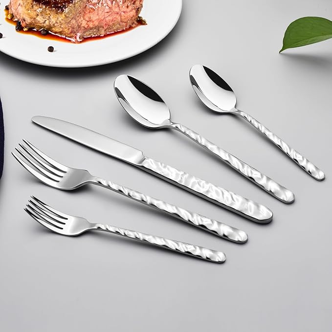 60 Piece Silverware Set for 12, Food-Grade Stainless Steel Utensils Set Includes Spoons Forks Knives, Sturdy Home Kitchen Eating Tableware Set,Wave Style Design & Mirror Polished - Dishwasher Safe