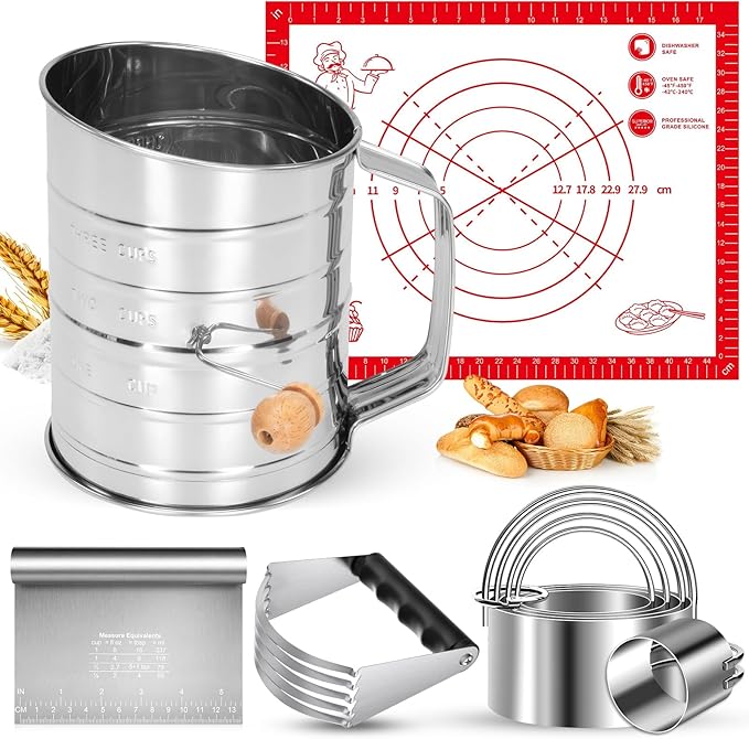 9PCS Stainless Steel Pastry Blender Set, 3 Cup Flour Sifter, Biscuit Cutter