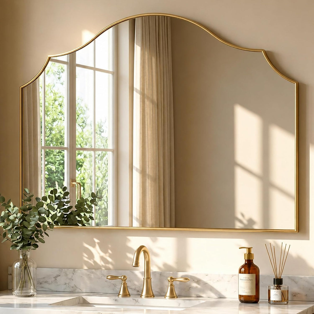 26"x35" Gold Arched Wall Mirror, Decorative Mirror | Modern Minimalist, Wall Mounted Wooden Frame For Bathroom, Vanity, Living Room, Bedroom, Hallway, Fireplace, Dresser