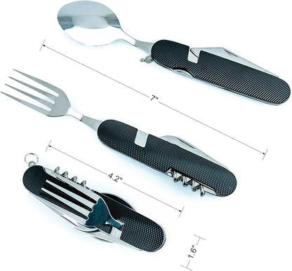 Cluck 6-in-1 Multi-Function Camping Utensil Flatware Set Detachable Spoon Fork Knife Combo Mess Kit with Carrying Pouch (Red + Black)