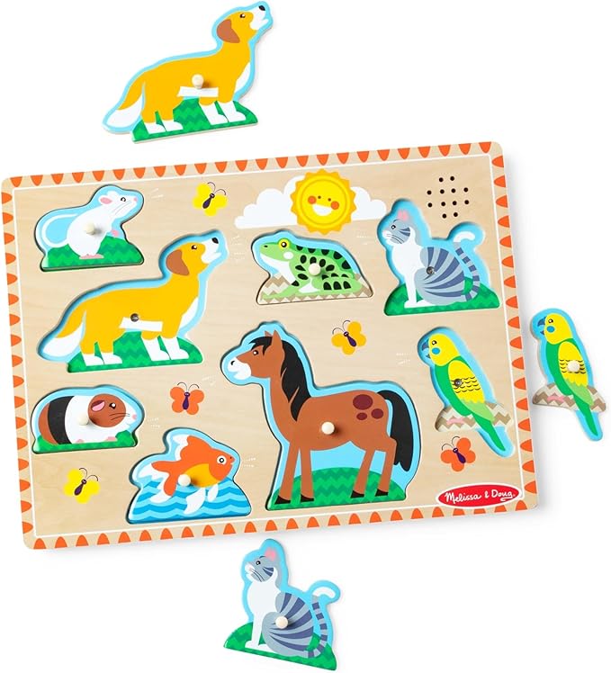 Melissa & Doug Zoo Pet Animals Sound Puzzle – 8-Piece Wooden Peg Puzzle with Light-Activated Sounds, Music Learning Toy for Toddlers and Preschoolers Ages 2+