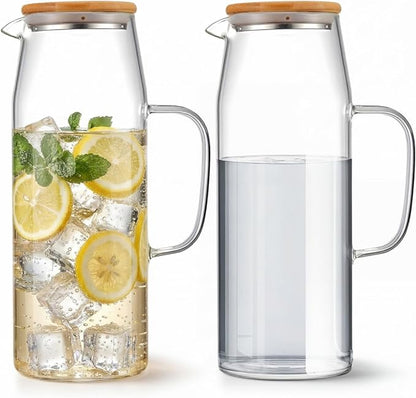 Hsei 2 Sets Glass Pitcher with Lid, 67.6 oz / 2000 ml Water Carafe with Handles