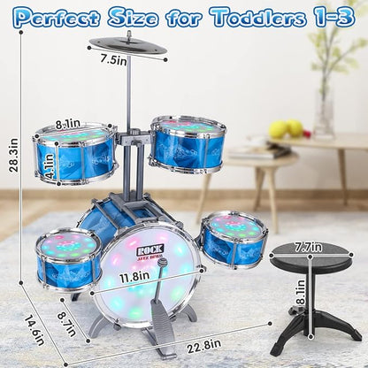 Kids Drum Set for Toddlers with 5 Jazz Drum Kit & Lights (Vibrating-Controlled) & Alloy, Musical Instruments Toys, Boys Gifts for Aged 1-3 3-5