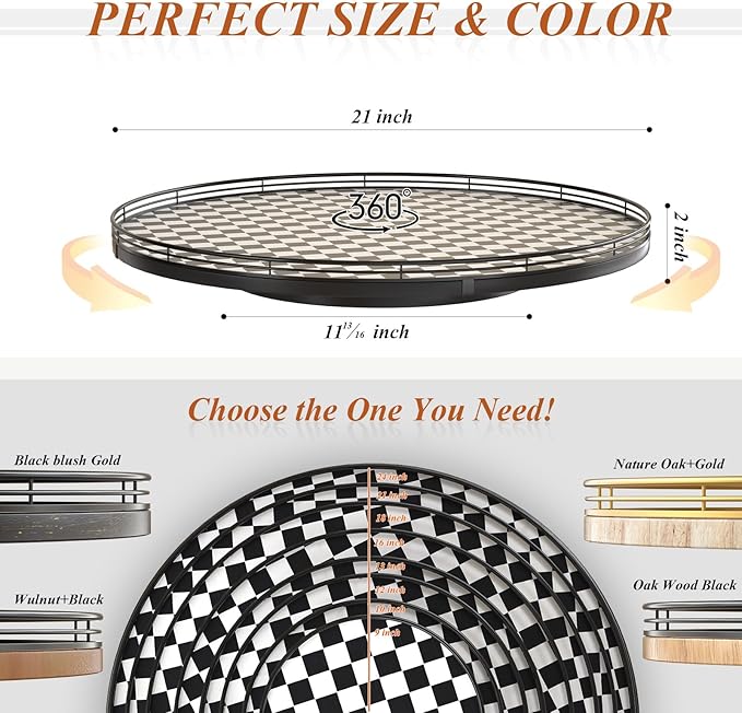 21" Black and White Kitchen Lazy Susan Turntable, Round Checkered Decorative