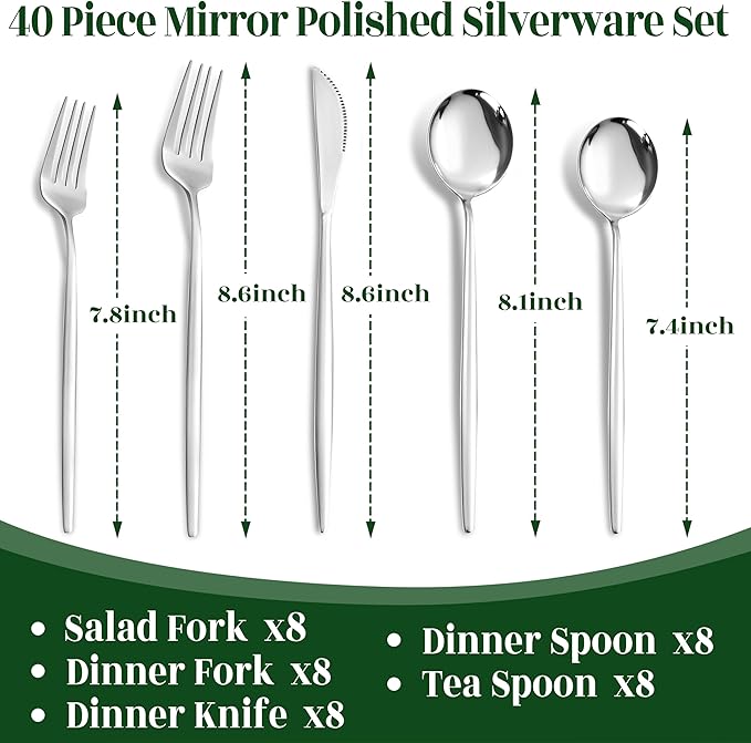 NOCCUR 40-Piece Stainless Steel Silverware Set for 8 - Utensils Set Include Knives Spoons and Forks - Mirror Polished for Home&Party