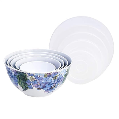 Amazon Basics Nesting Melamine Mixing Bowl With Lid And Non-Slip Base, 5 Sizes, Set Of 10, Hydrangea Floral, 3 15/16",7 9/16",8 7/8",10",11 1/4"
