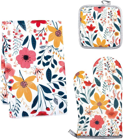 3 Pcs Kitchen Stuff, Wild Floral Kitchen Oven Mitts and Pot Holders Sets