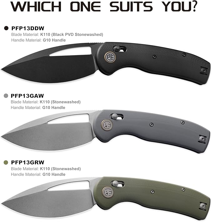 Petrified fish PFP13 Viper Folding Knife,3.5" K110 Steel Stonewashed Blade G10 Handle Pocket Knife for Camping EDC Outdoor (Gray Stonewashed)