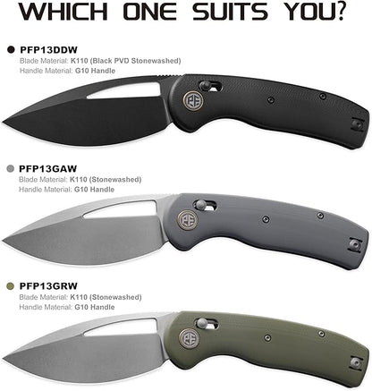 Petrified fish PFP13 Viper Folding Knife,3.5" K110 Steel Stonewashed Blade G10 Handle Pocket Knife for Camping EDC Outdoor (Gray Stonewashed)