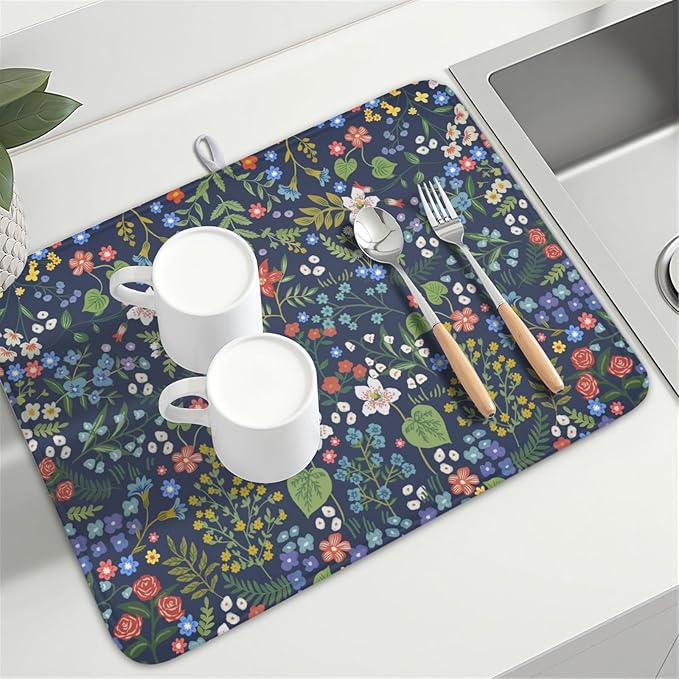 Flower Floral Dish Drying Mat 18x24 inch Microfiber Navy Blue Drying Mats
