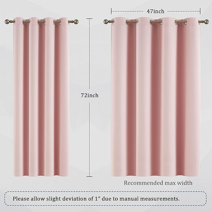 DUALIFE Pink Curtains for Bedroom 72 Inch Length Room Darkening Curtain for