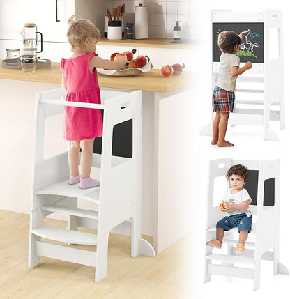 INFANS Toddler Standing Tower, Kids Montessori Kitchen Step Stool Helper with 2 Adjustable Height Learning Blackboard Safety Rail Wooden, Anti-Slip Mats, 1-3 Year Old Boy Girl Gifts (White)