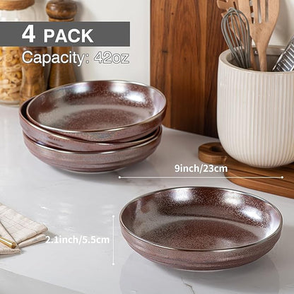 HAPPY KIT 9'' Large Pasta Bowls Set of 4, 42 Oz, Stoneware Reactive Glaze Salad Bowls, Ceramic Serving Bowls for Fruit,Soup,Noodle, Dinner, Scratch Resistant, Dusty Rose