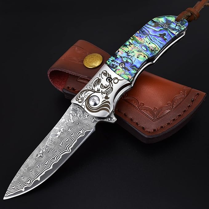 AUBEY EDC Damascus Pocket Knife with Leather Sheath, Abalone Shells Handle, Handmade Damascus Steel Folding Knives with Clip for Everyday Carry, Excellent Gifts for Men Women Hunting