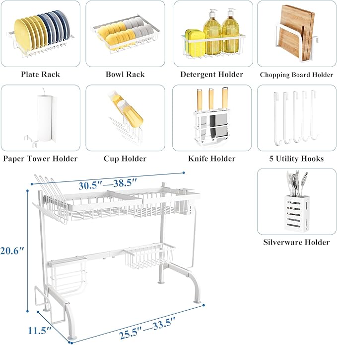 Over The Sink Dish Drying Rack, Adjustable 2 Tier Metal Steel Dish Drying Racks