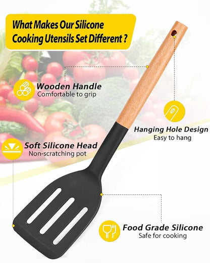 Pack of 4 Silicone Cooking Utensils Set, Non Stick Solid Spatulas and Heat Resistant Slotted Spoons with Wooden Handle, Ideal Wood Kitchen Utensils Set for Frying,Serving,Turning,Stirring (BLACK)