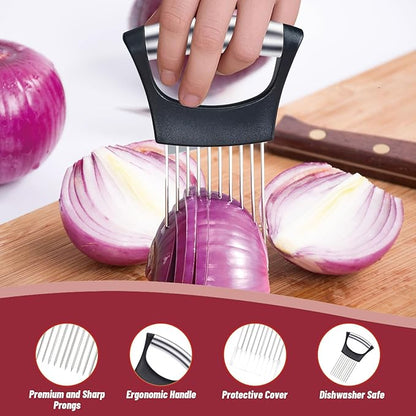 3 Pieces Onion Holder for Slicing, Stainless Steel Onion Cutter for Slicing, Potato Lemon Slicer Tomato Slicers Kitchen Comb for Onions, Tomatoes, Avocados, Eggs, Lemon, Potatos (Black)