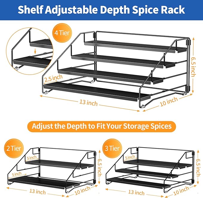 BOIVSHI 4 Tier Spice Rack for Cabinet, Spice Rack Organizer, Depth Adjustable