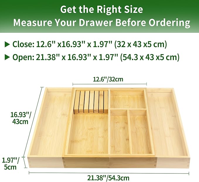VaeFae Bamboo Kitchen Drawer Organizer, Utensil Tray