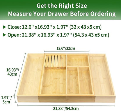 VaeFae Bamboo Kitchen Drawer Organizer, Utensil Tray
