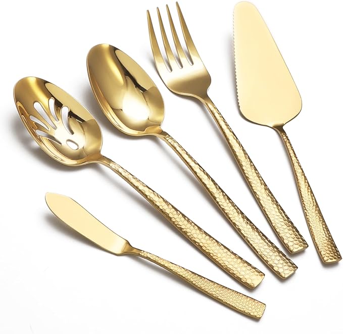 Large Hostess Serving Utensils Set, Stainless Steel Heavy Duty Hammered Serving spoons, Slotted Spoons, Serving Fork, Cake Server, Butter Knife, Dishwasher Safe (Gold)