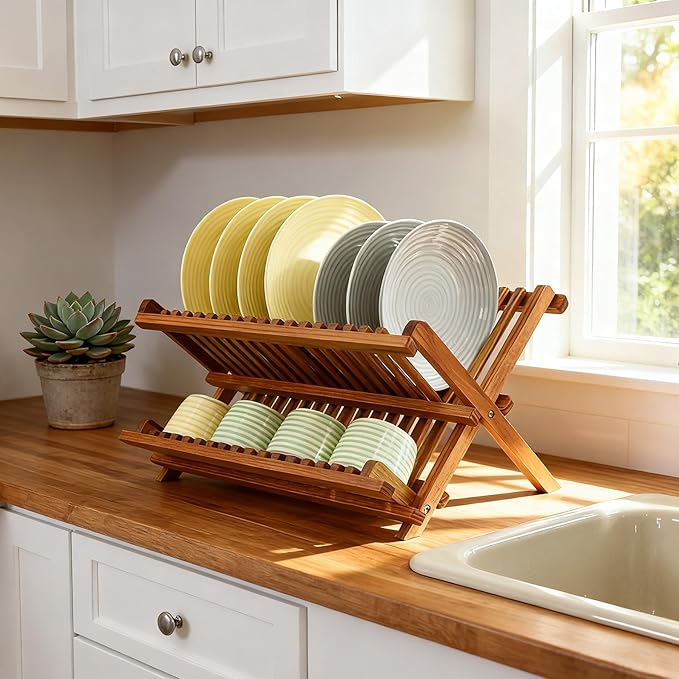 Utoplike Teak Dish Drainer Rack Collapsible 2 Tier Dish Rack Dish Drying Rack