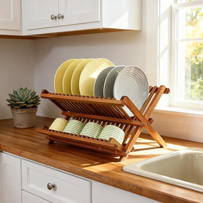 Utoplike Teak Dish Drainer Rack Collapsible 2 Tier Dish Rack Dish Drying Rack