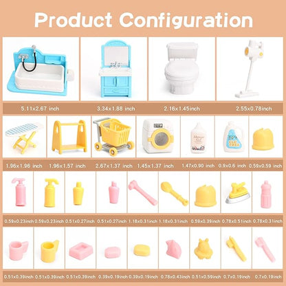 Dollhouse Furniture Set for Kids Toys Miniature Doll House Accessories Pretend Play Toys for Boys Girls & Toddlers Age 3+ with Bathroom