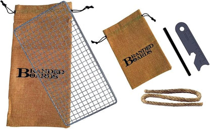 Portable Bushcraft Stainless BBQ Cooking Grill Grate, Bamboo Cutting Board, Burlap Bag, Mini Knife, Fire Starter Kits. Camping, Campfires, Backpacking, Hunting & Fishing Gear