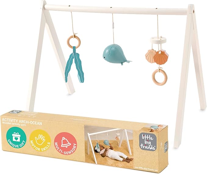 Little Big Friends Wooden Baby Activity Gym – Montessori Play Gym for Babies | Encourages Motor Skills & Sensory Development | Includes Crinkle Fabrics, Wooden Chimes & Hanging Toys – Ocean