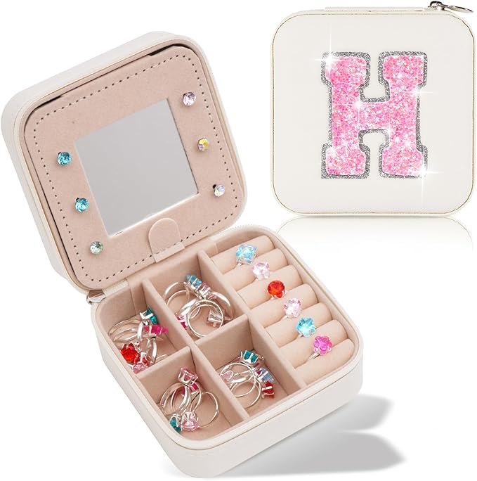 Monogrammed Gifts for Women - Jewelry Case for Women Trendy Jewelry Box Fashion Cute Jewelry Organizers and Storage Aesthetic,Travel Essentials Birthday Gifts for Girls Women | Cream,H