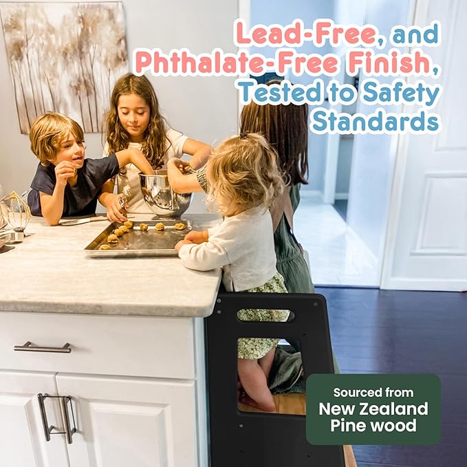Toddler Kitchen Stools Helper with Adjustable Height and Anti-Slip Protection, Kids Standing Tower with Safety Rail, Kids Montessori Stool with Learning Chalkboard, Black