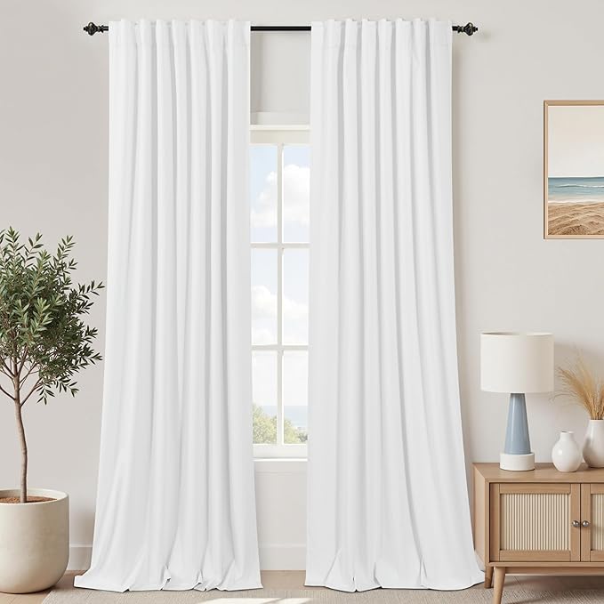 KOUFALL White Linen Textured Blackout Curtains 108 Inches Long