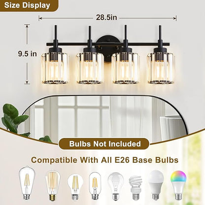 EJIAXIN 4 Light Round Crystal Vanity Lights, Modern Black Crystal Wall Light