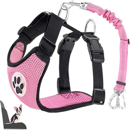 Lukovee Dog Car Harness Seat Belt, Adjustable Mesh Breathable Vest with Elastic Bungee Tether, Soft Padded 2-in-1 Safety Car Harness Seatbelt for Small Medium Large Dogs (A-Pink,XXXS)