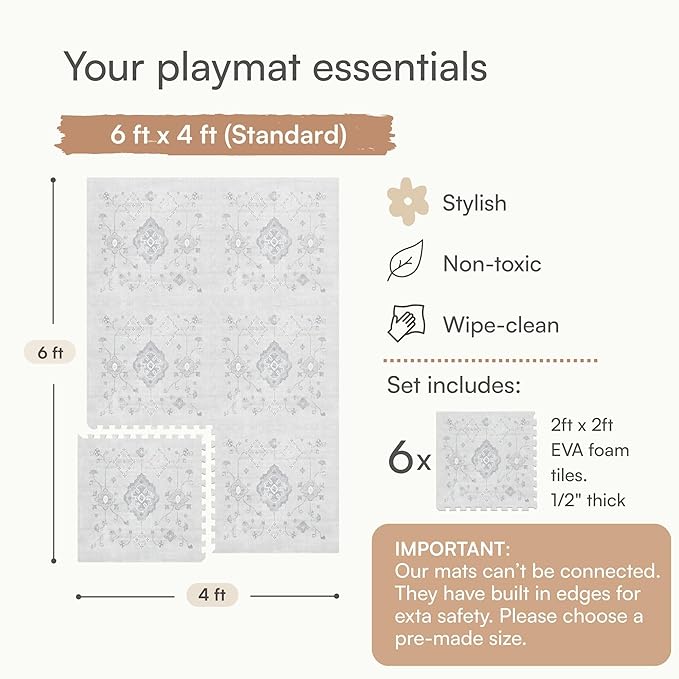 Lillefolk Baby Play Mat for Floor – 4x6ft Vintage Gray | Soft Non Toxic Premium EVA Foam Tiles for Tummy Time, Crawling & Playroom – Waterproof Interlocking Floor Mat for Babies & Toddlers (6 Tiles)