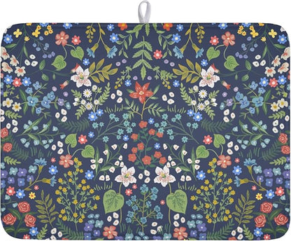 Flower Floral Dish Drying Mat 18x24 inch Microfiber Navy Blue Drying Mats