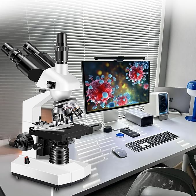 Trinocular Microscope 40X-5000X Magnification Laboratory Grade with Dual Mechanical Stage and HD USB Camera Microscope for Adults