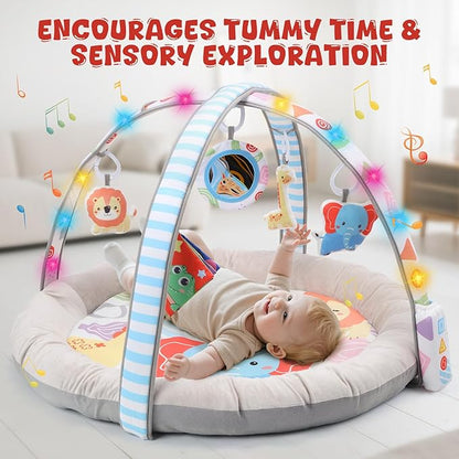 CUTE STONE Baby Gym Play Mat & Tummy Time Mat with Lights, Sounds, and Detachable Toys, Adjustable Volume Activity Gym for Infant Sensory & Motor Development, Newborn Baby Gift