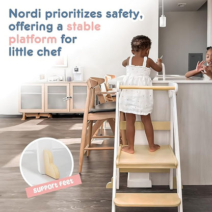 Nordi Foldable Toddler Kitchen Tower, Montessori Kitchen Stools Helper, Standing Tower with 3 Adjustable Heights, Suitable Age for 2-6 Years, White