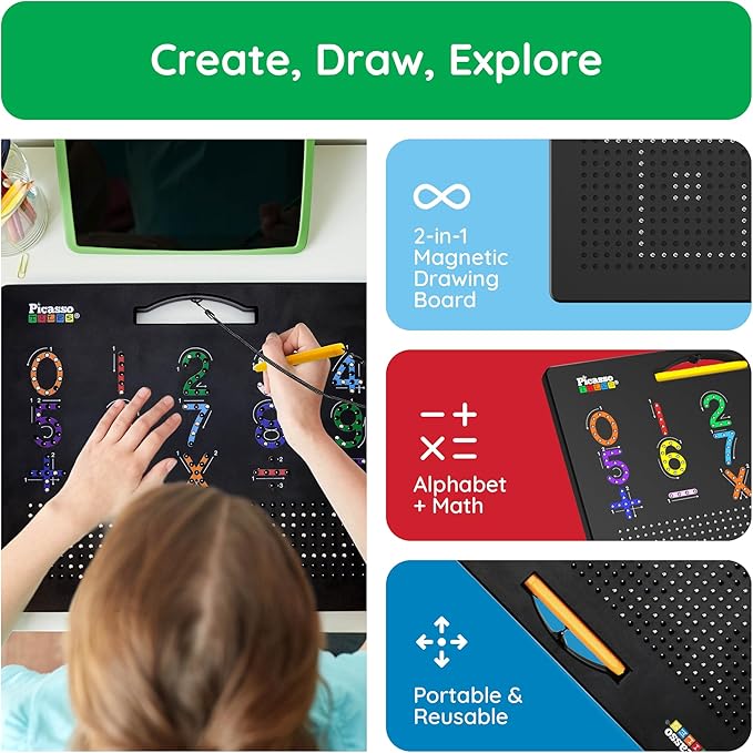 PicassoTiles 2in1 Magnetic Drawing Board Toy 12x10 In Large Magnet Bead Pad with Alphabet and Math Side in Black STEM Educational Writing Playboard Reusable Erasable Learning Tablet for Kids PTB02-BLK